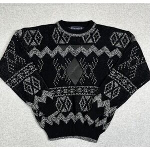 Barnaby Sweater Mens XL Black Geometric Leather Patch Crewneck Knit Pullover